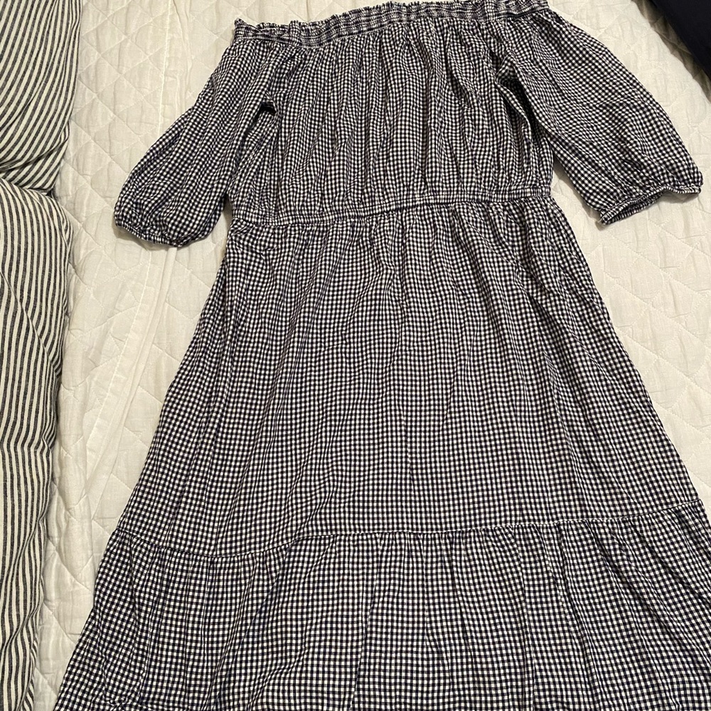 Old Navy Navy gingham off the shoulder dress.